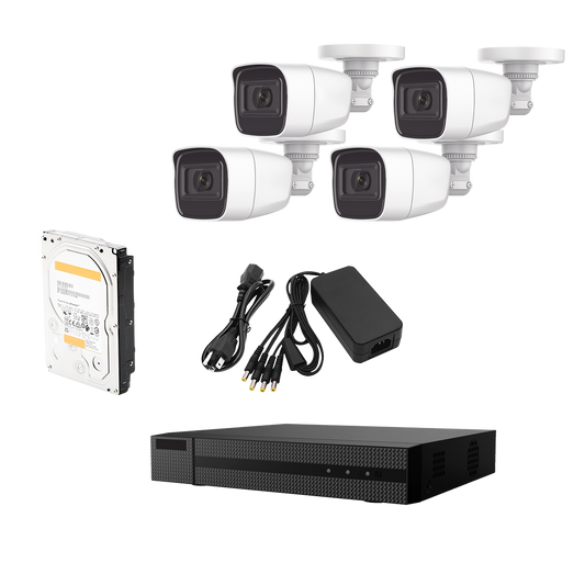 KIT TurboHD 1080p / DVR 4 canales / 4 Cámaras Bala de Metal / H.265+ / 1 Fuente de Poder Profesional / Accesorios de Instalación