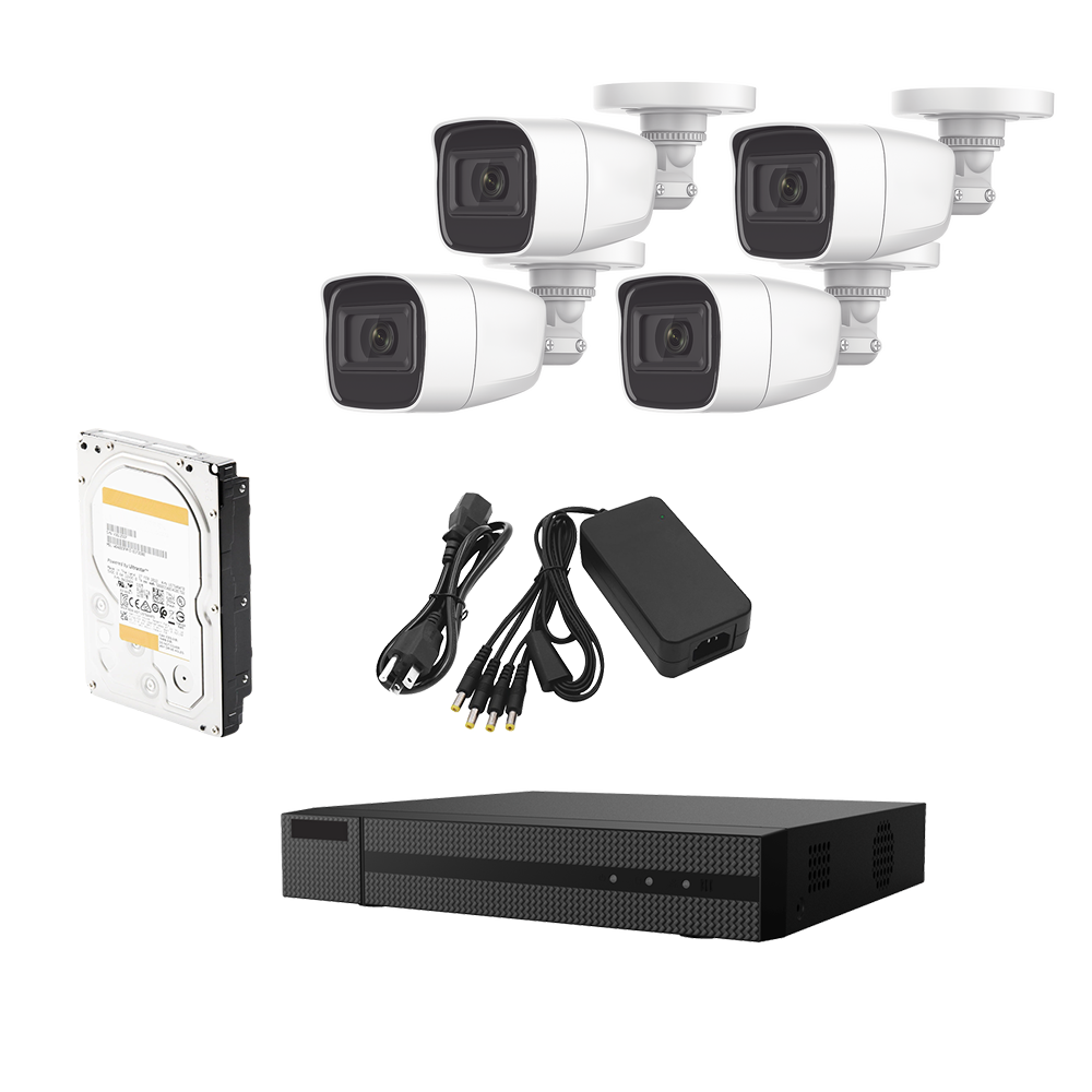 KIT TurboHD 1080p / DVR 4 canales / 4 Cámaras Bala de Metal / H.265+ / 1 Fuente de Poder Profesional / Accesorios de Instalación